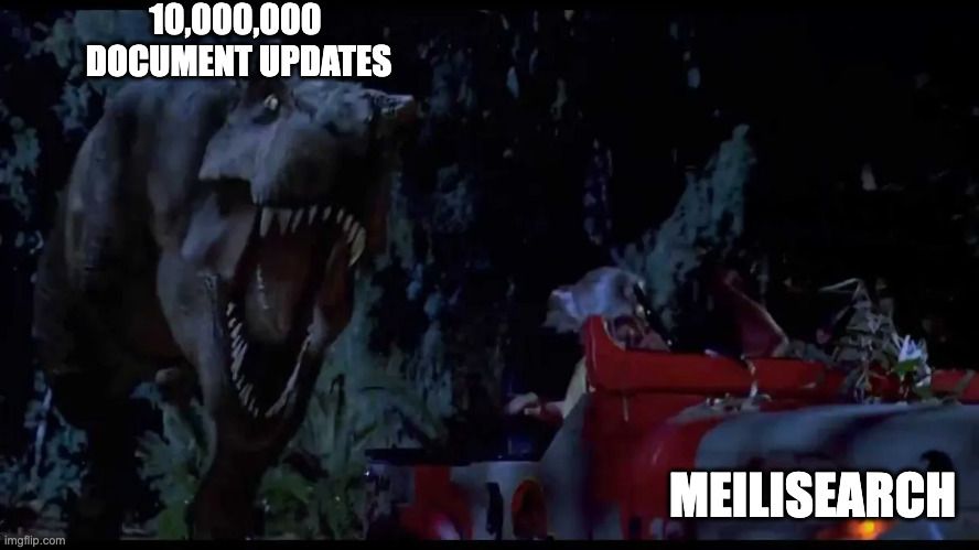 Meme from the Jurassic Park movie with a t-rex (10m document updates) chasing a Jeep (Meilisearch)