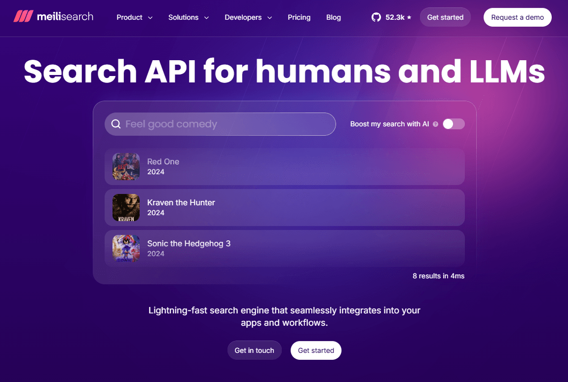 Screenshot of Meilisearch homepage