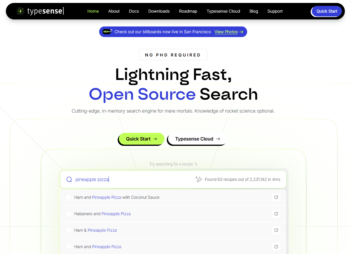 Screenshot of Typesense homepage