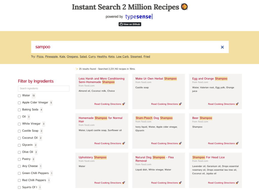Instant search 2 million recipes powered by Typesense